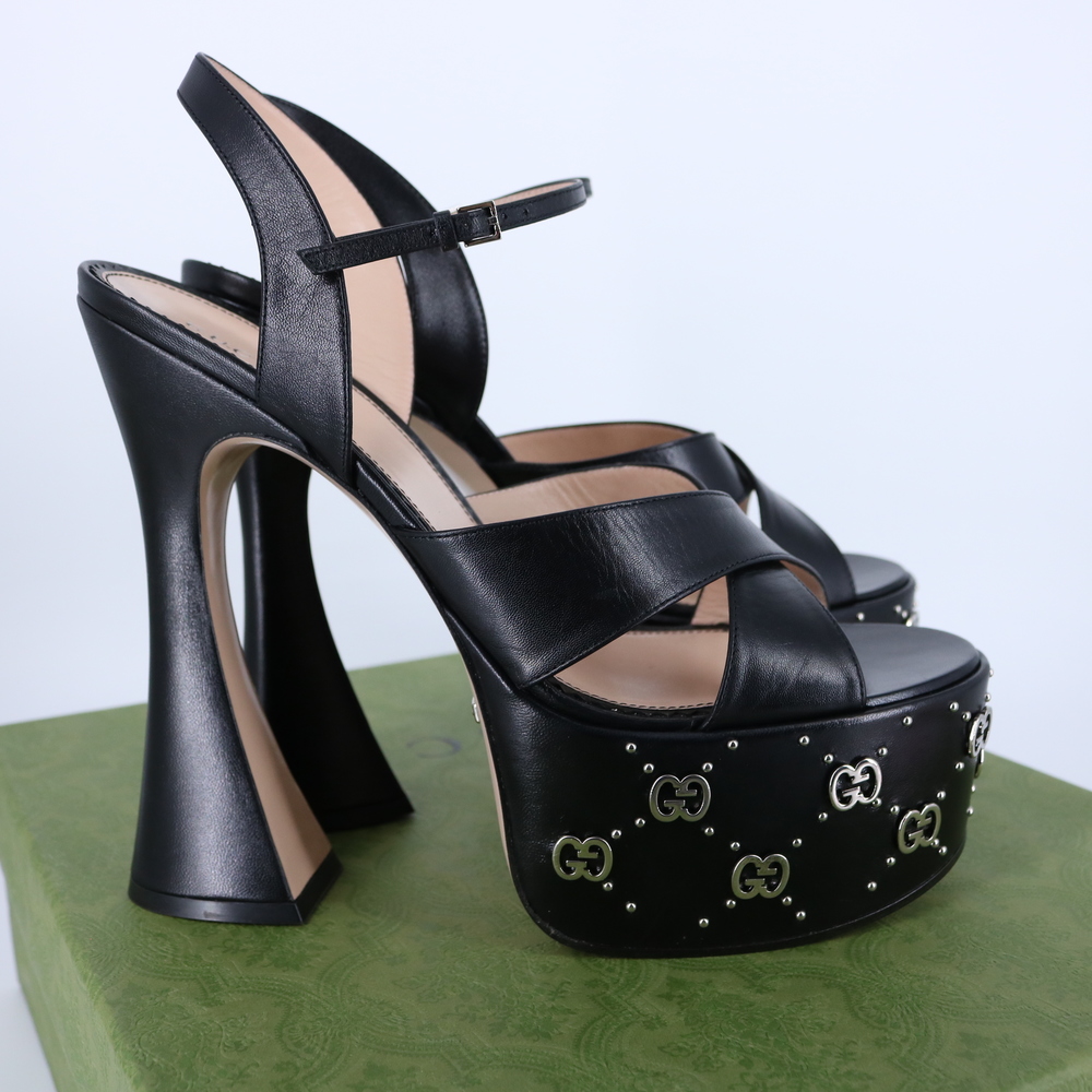 Gucci 41 Janaya Logo Studded Black Platform Heeled Sandals E799